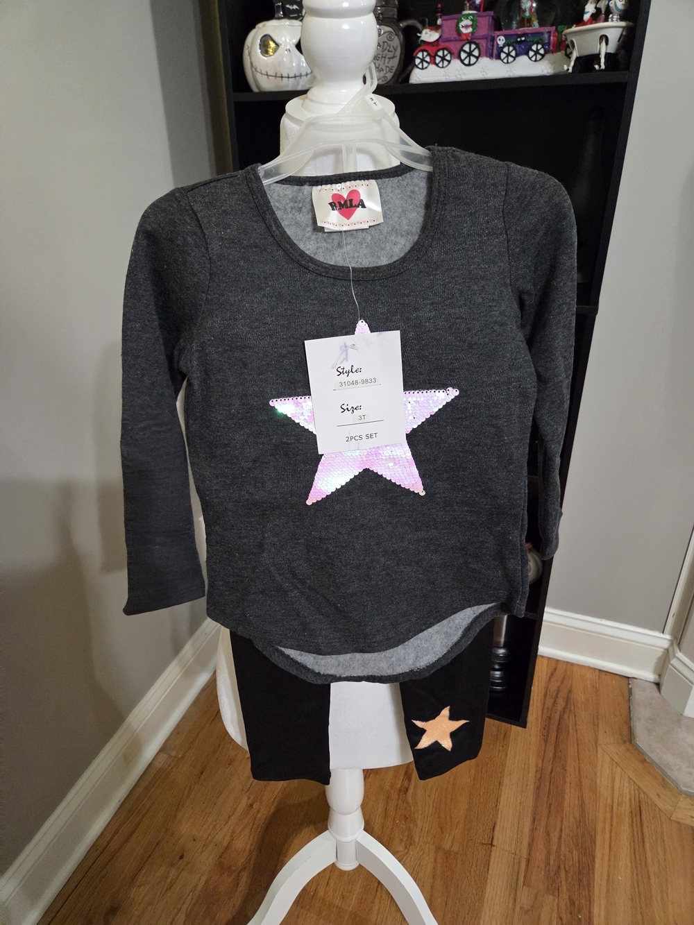 Girls' Dark Gray Sequin Star Top and Legging Set